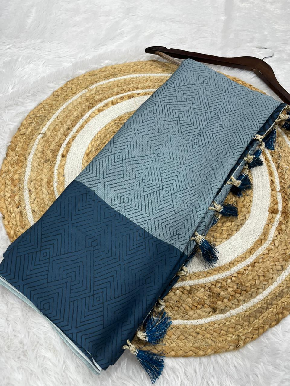 Women's Premium Georgette Silky Saree with Geometric Print & Tassel Pallu