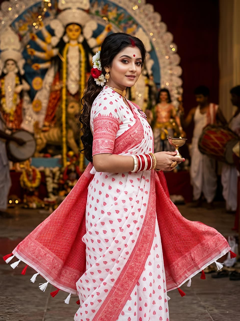 Durga Pooja Edition Heavy Blooming Cotton Silk Saree with Jacquard Pallu & Blouse