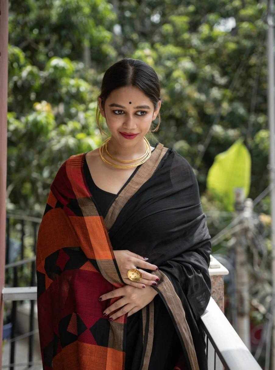 KP-R 209 Soft Linen Black Saree with Jacquard Border 🖤