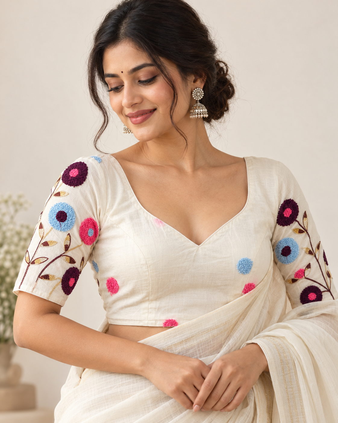 Pure Khadi Cotton Embroidered Partywear Blouse – Heavy Padded | Back Open | 38–42