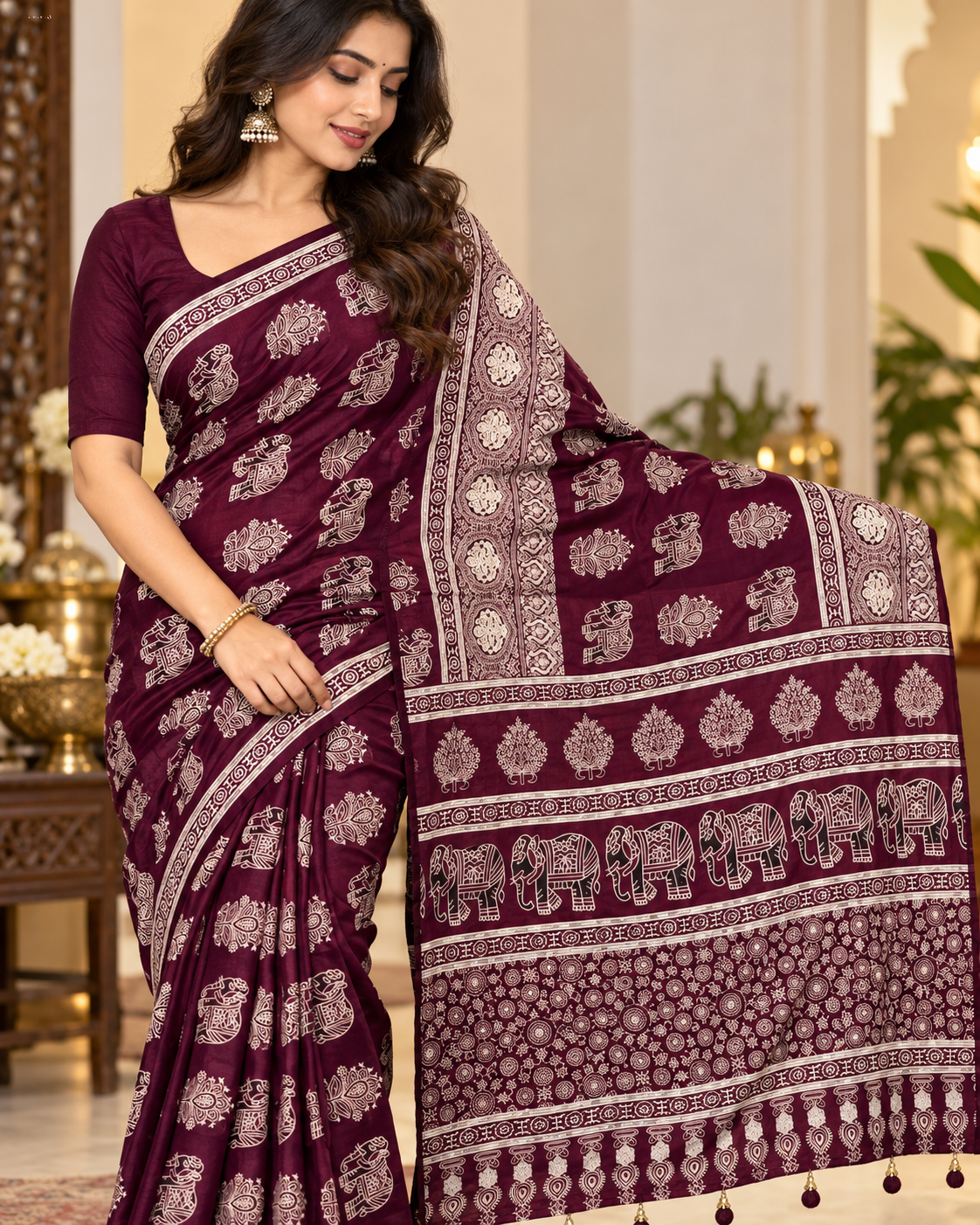 Premium Crepe Silk Designer Saree with Traditional Elephant & Floral Print