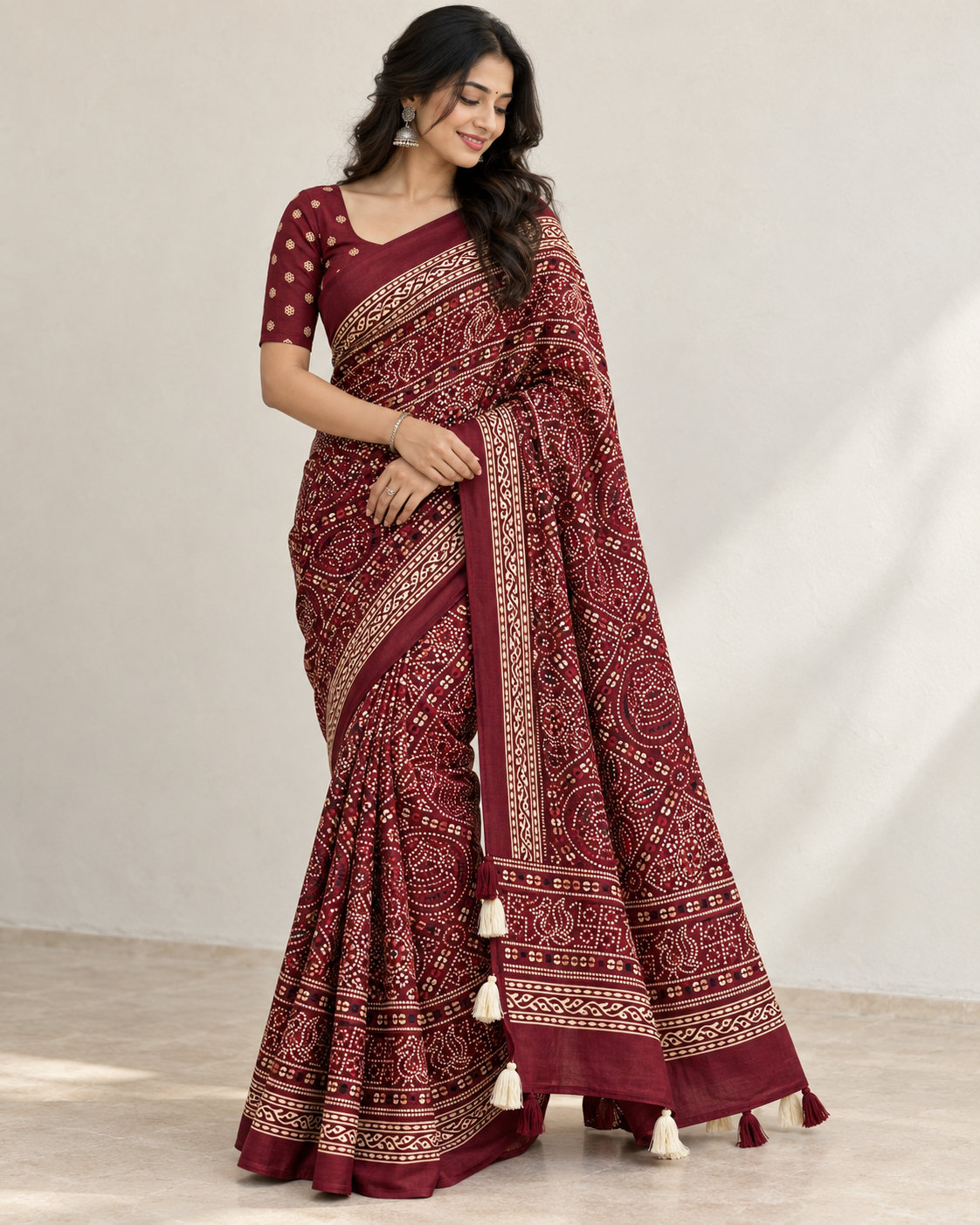 Premium Ajrakh Designer Crepe Silk Saree with Traditional Bandhani-Inspired Print & Tassel Border