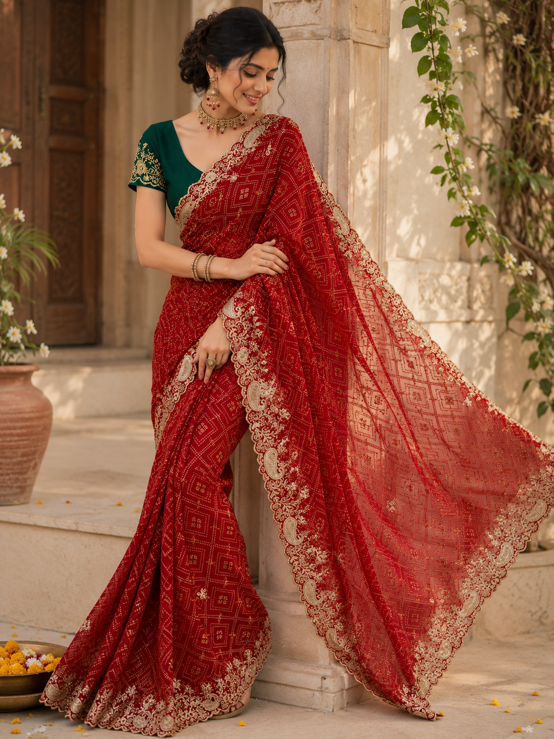 Women's Red Georgette Bandhej Print Embroidered Saree with Contrast Green Mono Silk Blouse