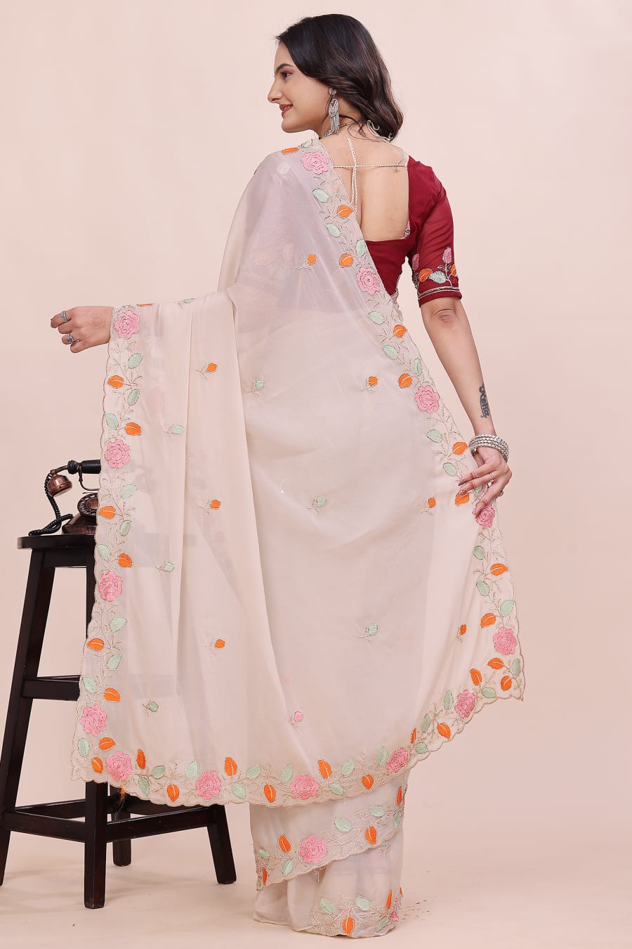 Rose Petal Embroidered Star Georgette Saree with Beads Work Border