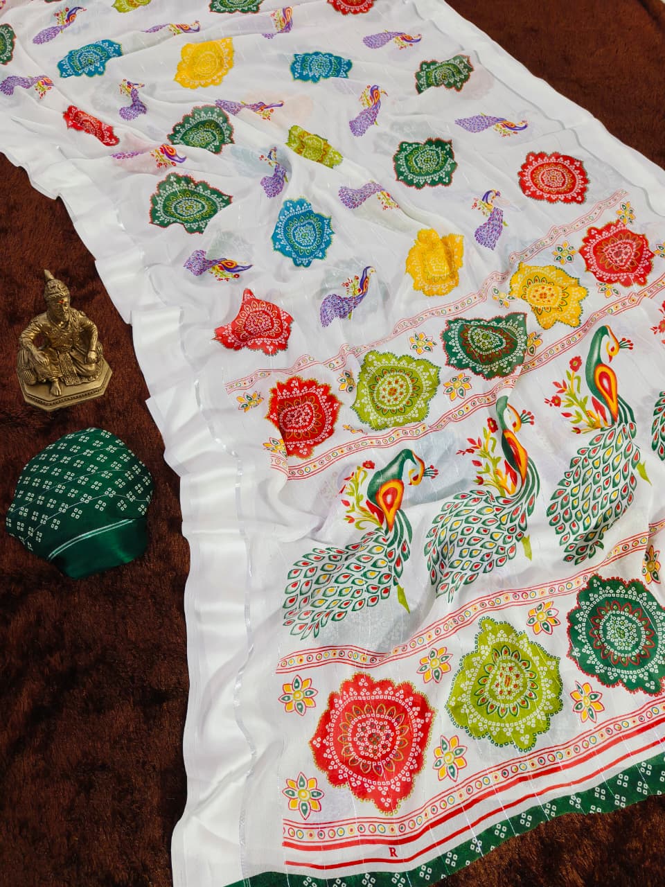 Rajwadi Mor Masakali Blooming Georgette Saree with Bandhej Print & Zari Weave