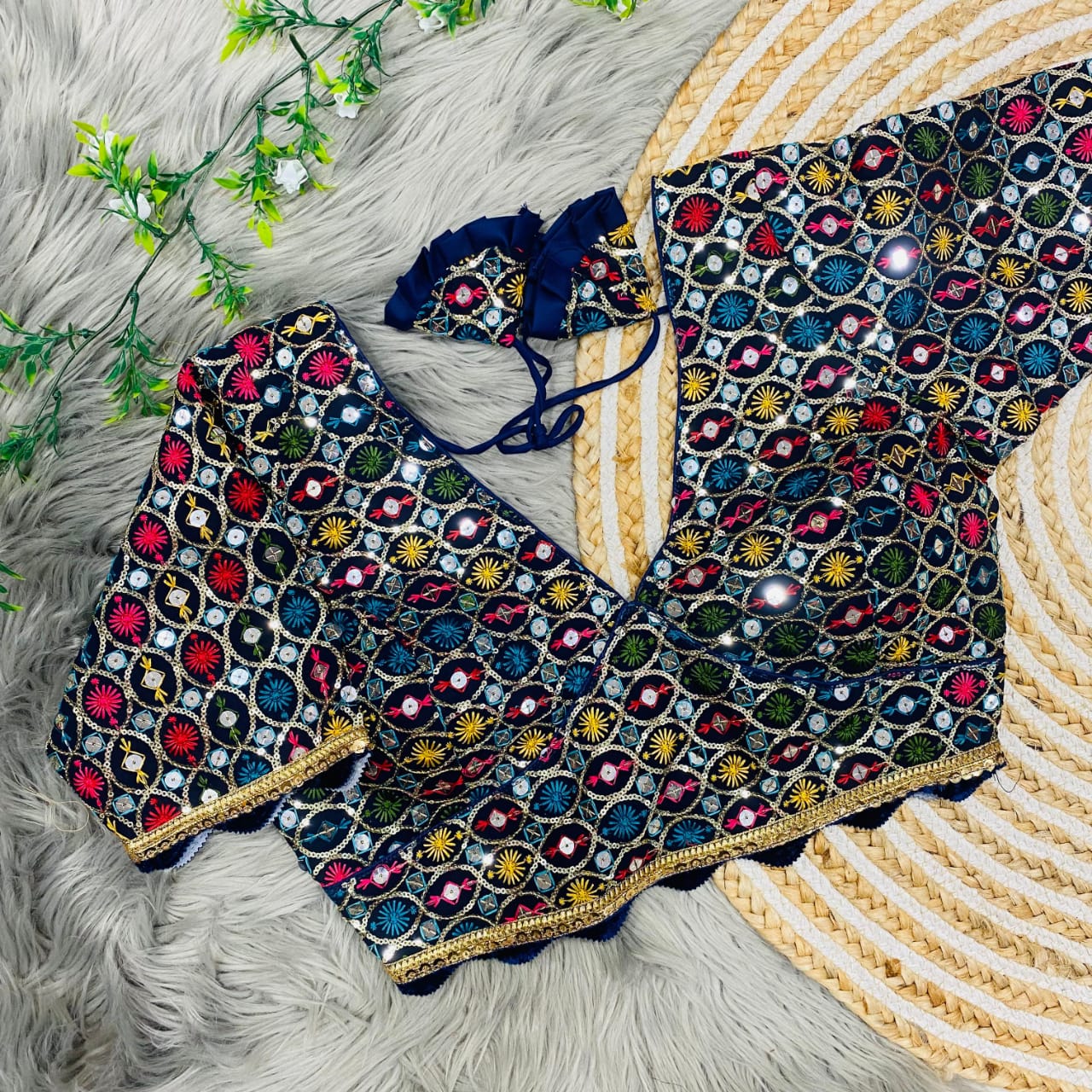 Heavy Fox Georgette Multicolour Sequin Work Designer Blouse with Velvet Lace – 38 to 42