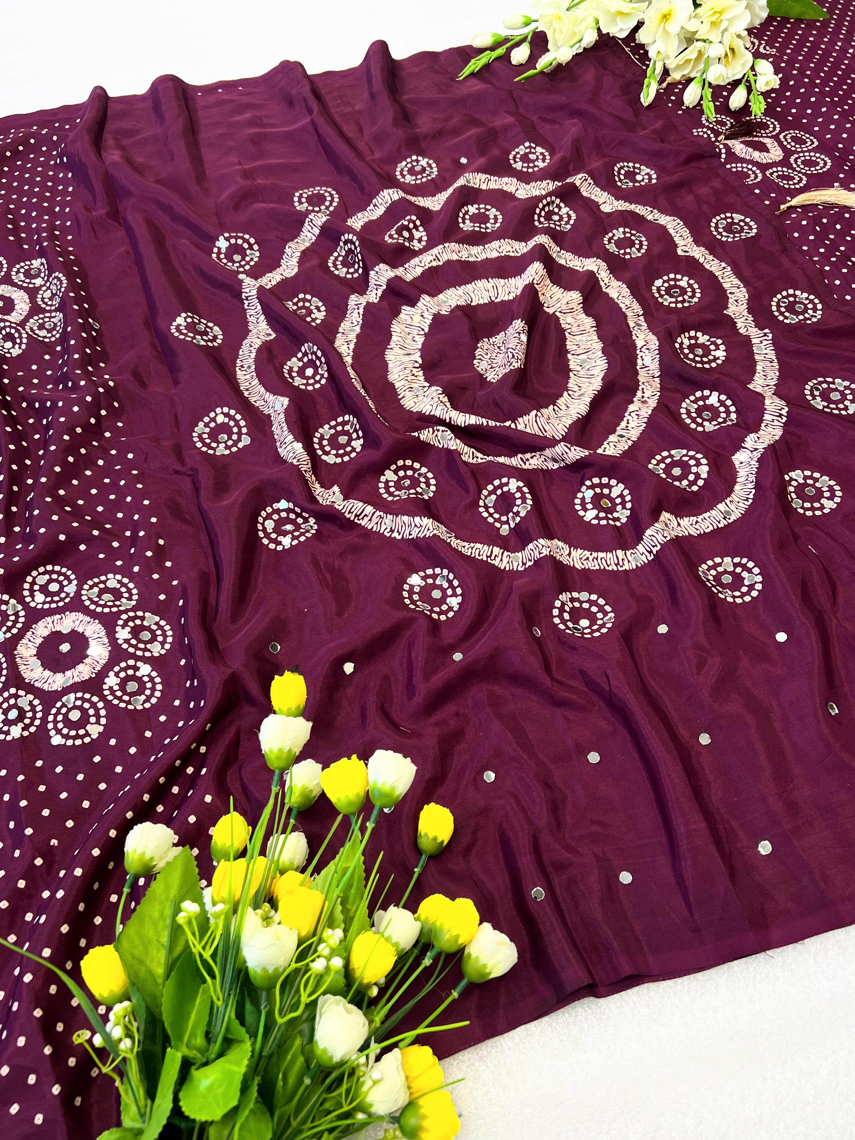 Premium Moss Satin Ajrakh Saree with 2,500 Mirror Work & Matching Blouse