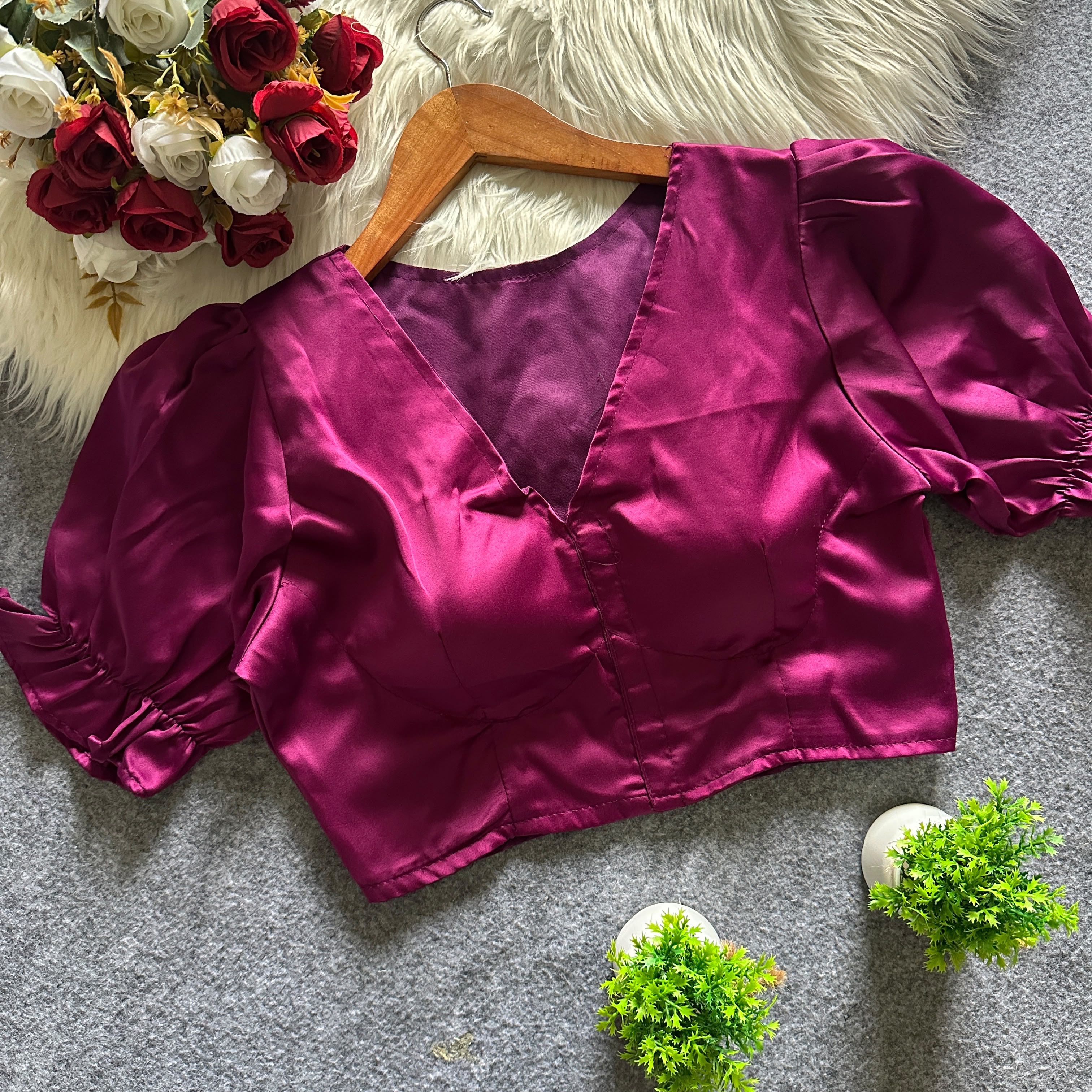 Pure Malai Satin Padded Designer Blouse – Open Back | Free Size 38–42