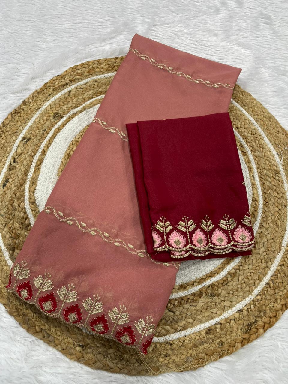 Jhanvi Collection – Premium Star Georgette Saree with Embroidered Border & Contrast Blouse