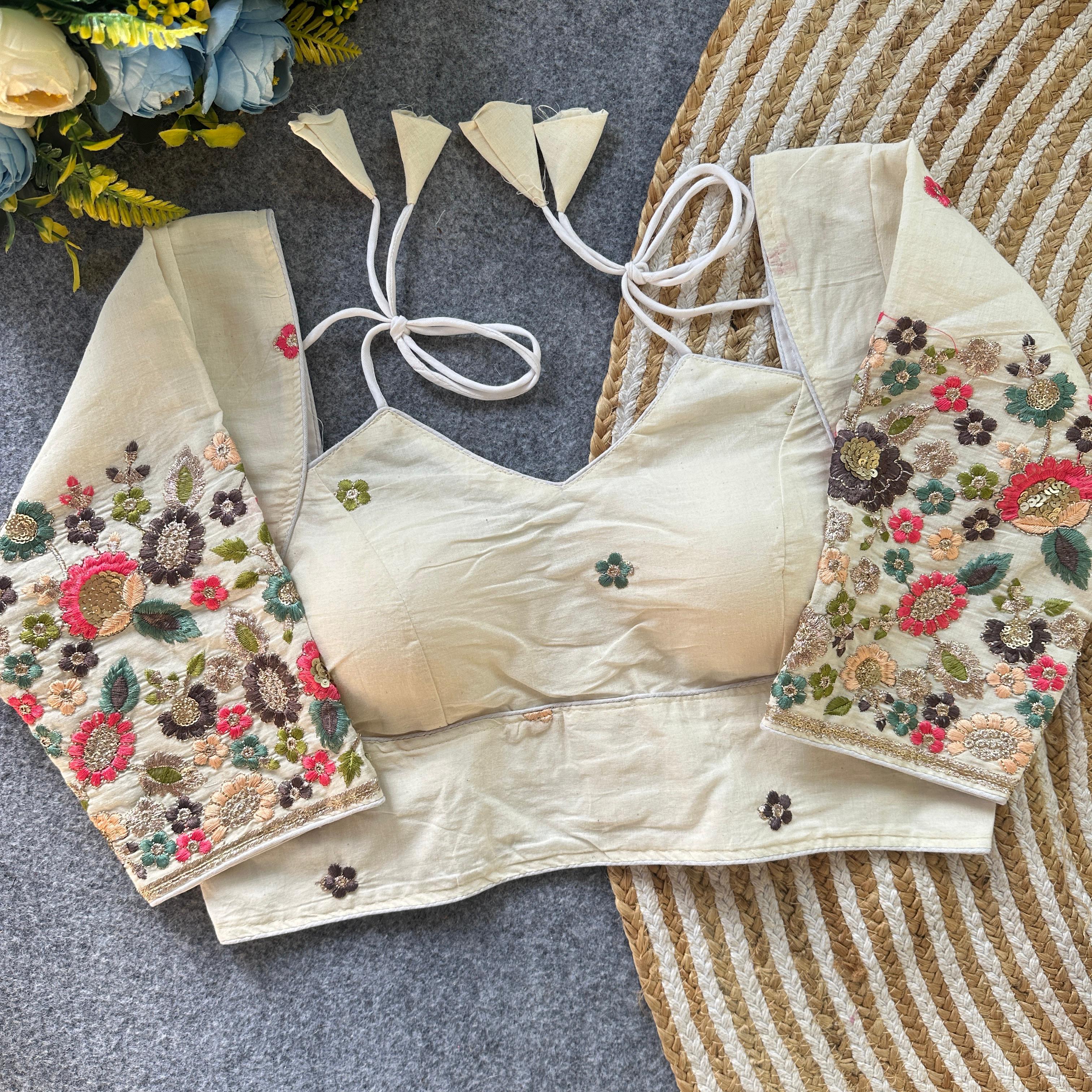 Pure Khadi Cotton Floral Embroidered Blouse – Heavy Padded | Front Open | 38–42