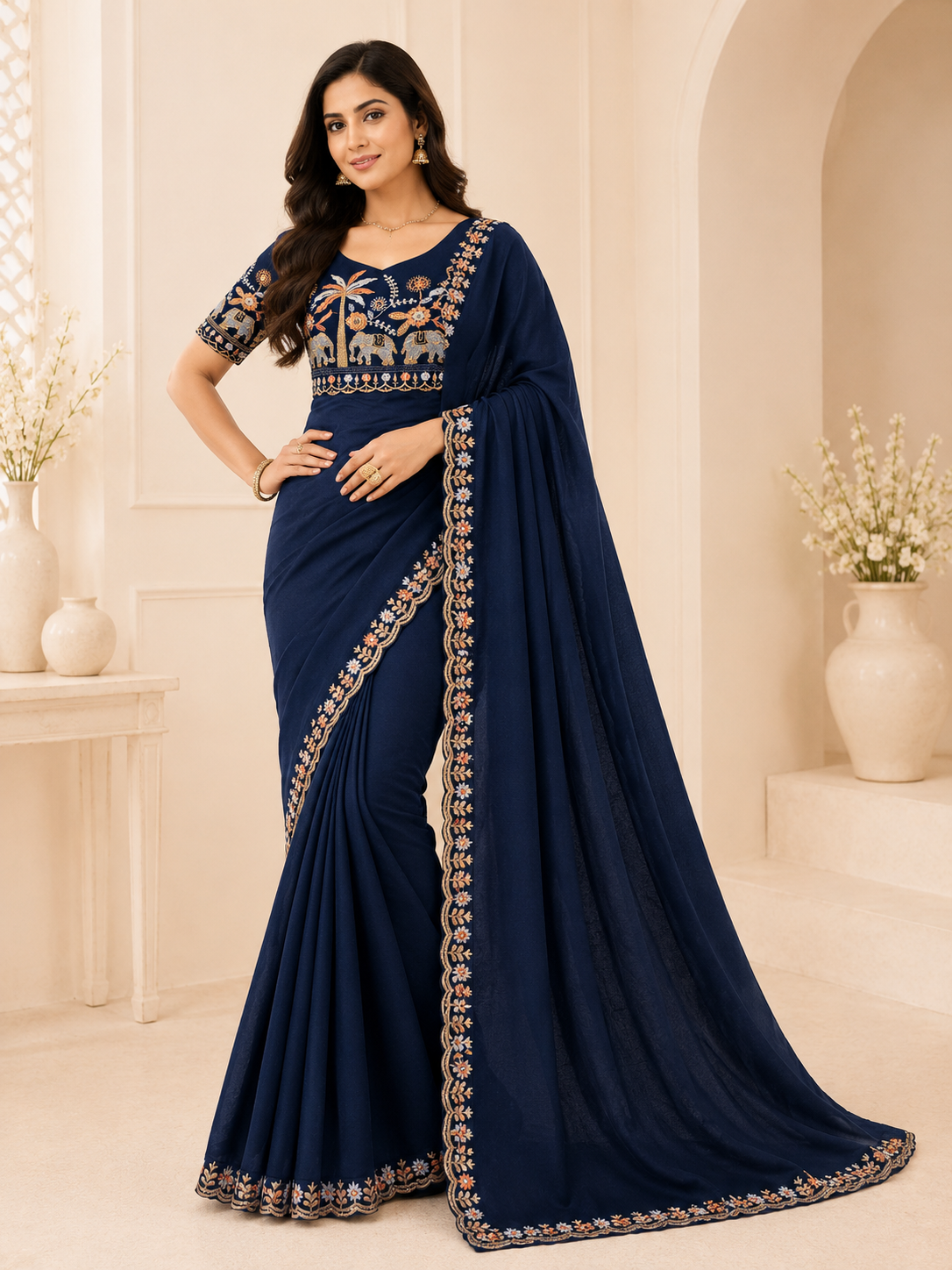 Royal Elephant Art Embroidered Saree with Designer Blouse
