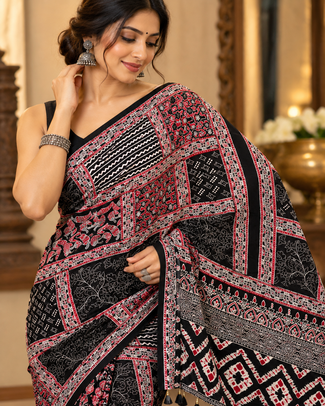 Premium Ajrakh Printed Designer Saree with Traditional Ethnic Border