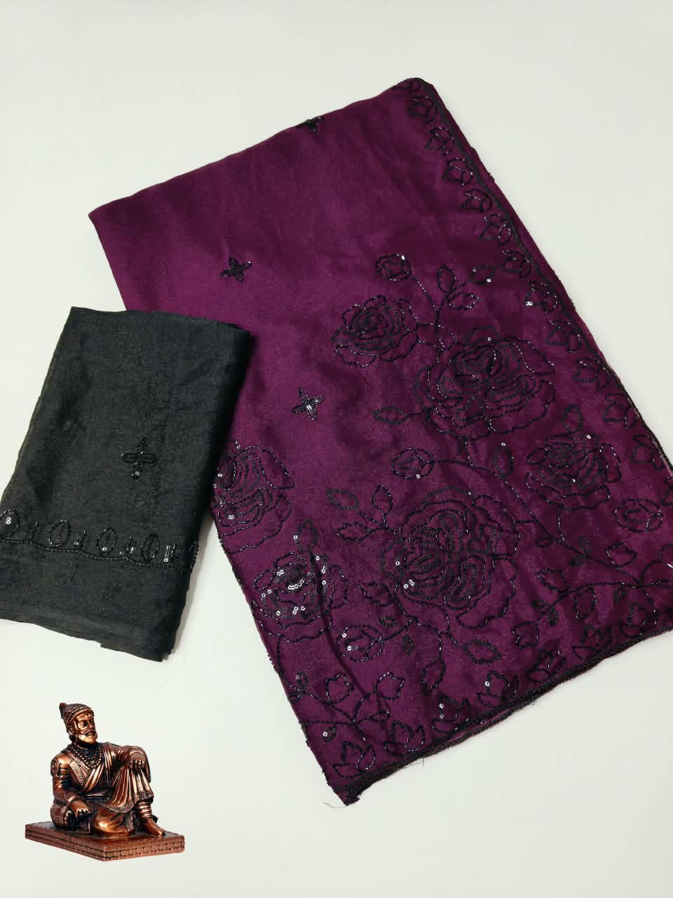 Premium Star Georgette Saree with Black Sequin & Thread Embroidery and Matching Blouse