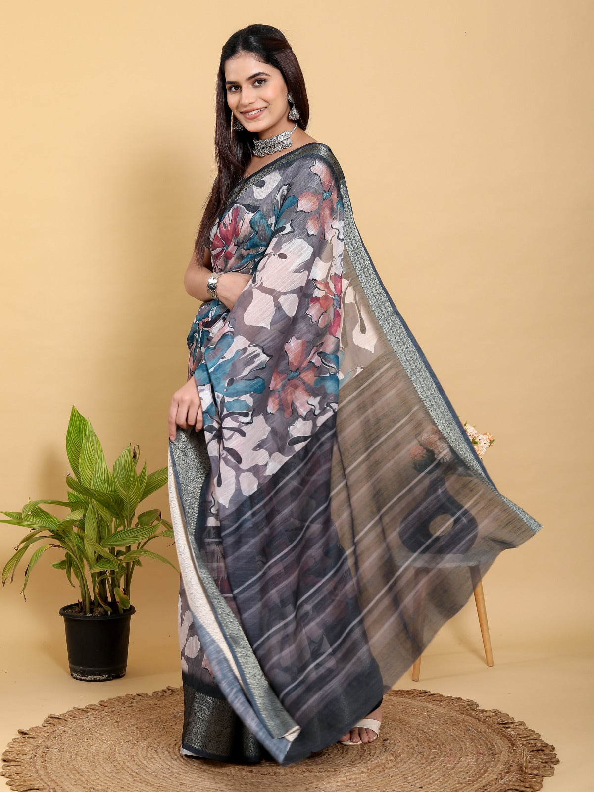 Mystic Floral Heavy Linen Saree with Rich Jacquard Border & Designer Blouse