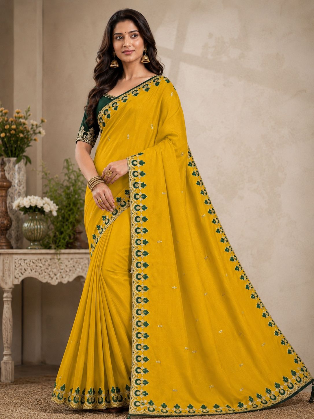 Kalash Premium Star Georgette Embroidered Saree with Designer Border & Running Blouse