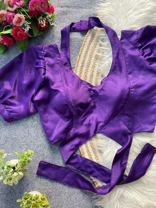 Pure Malai Satin Balloon Sleeve Designer Blouse – Padded with Tie-Up Back | Free Size 38–42