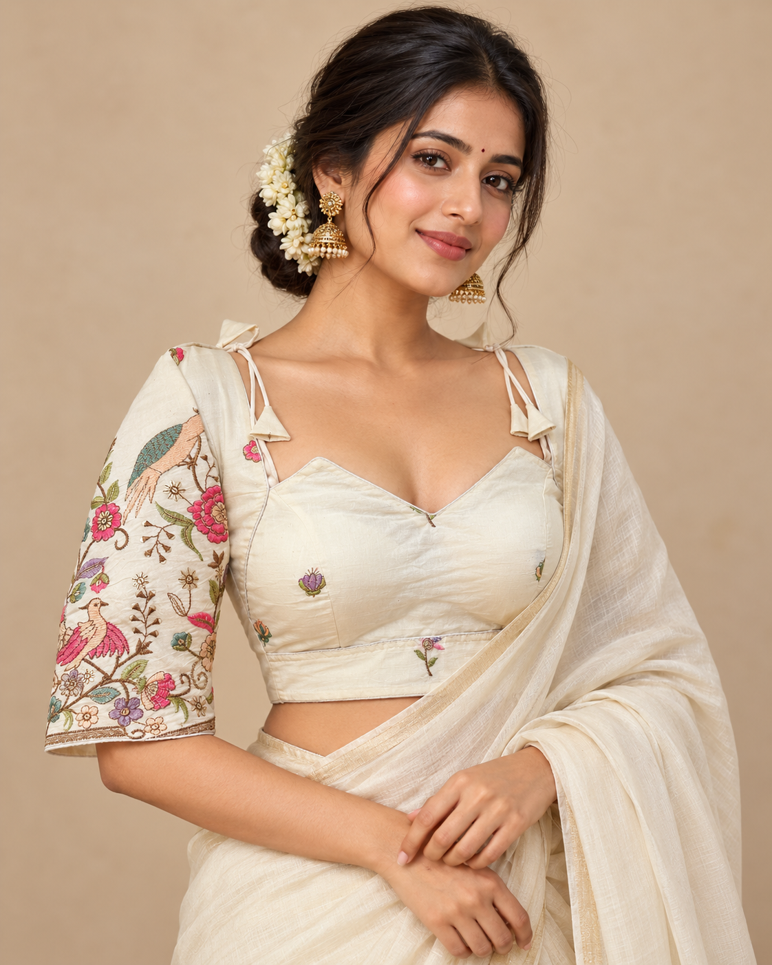 Pure Khadi Cotton Floral Embroidered Blouse – Heavy Padded | Front Open | 38–42