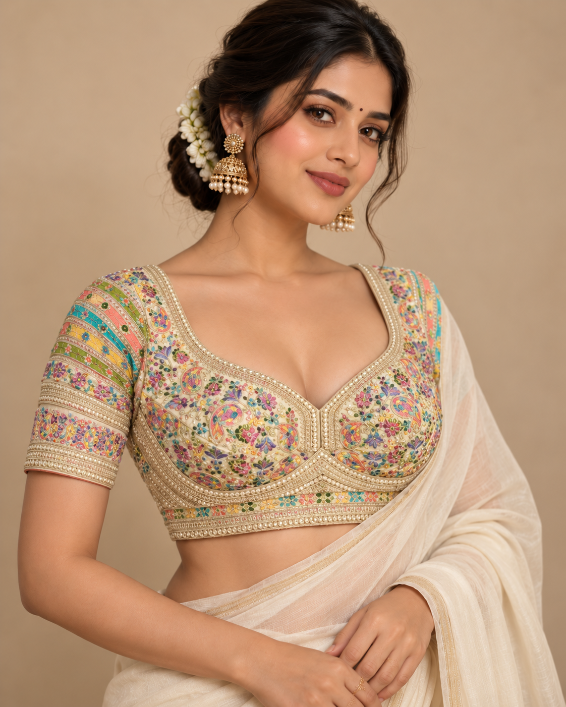 Premium Kashmiri-Inspired Antique Thread Work Blouse – Fox Georgette | Heavy Padded | 38–40