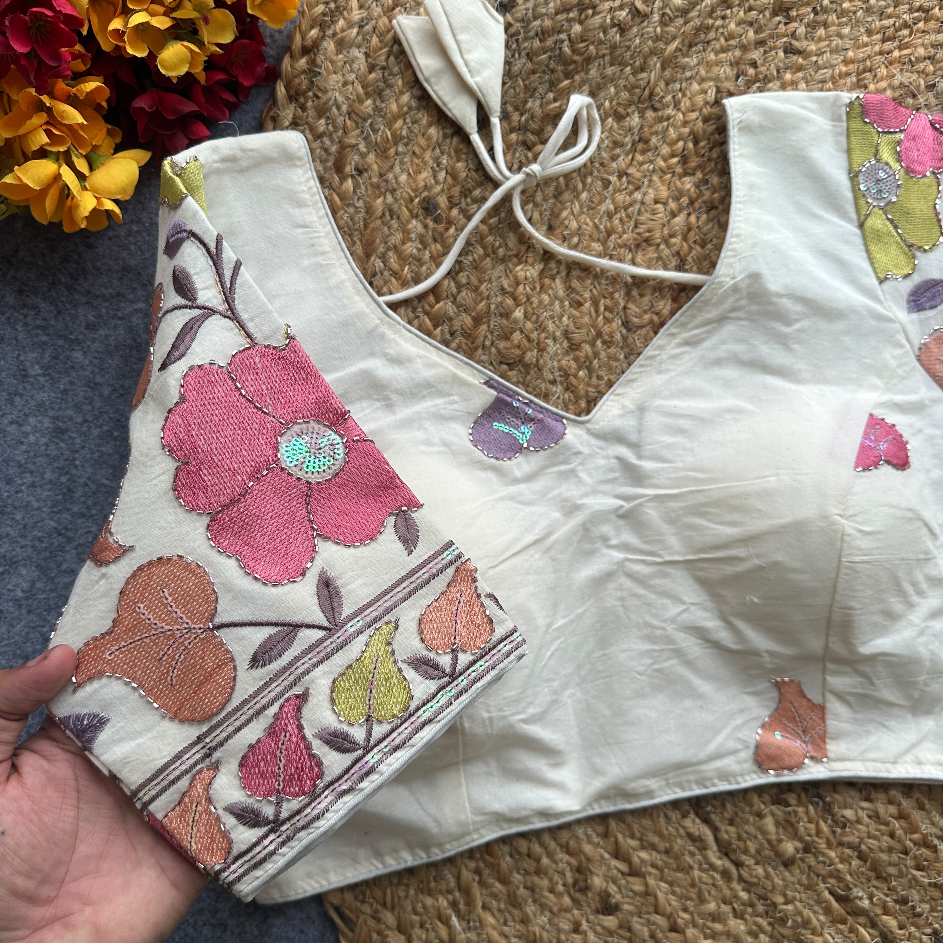 Pure Khadi Cotton Embroidered Partywear Blouse – Heavy Padded | Back Open | 38–42