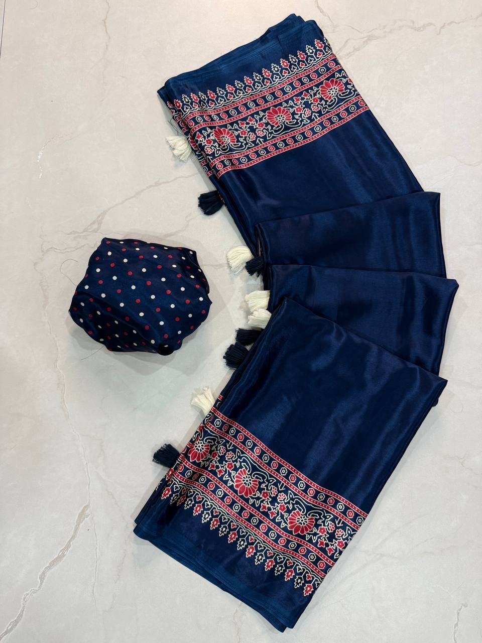 Premium Ajrakh Designer Crepe Silk Saree with Floral Border & Tassel Detailing