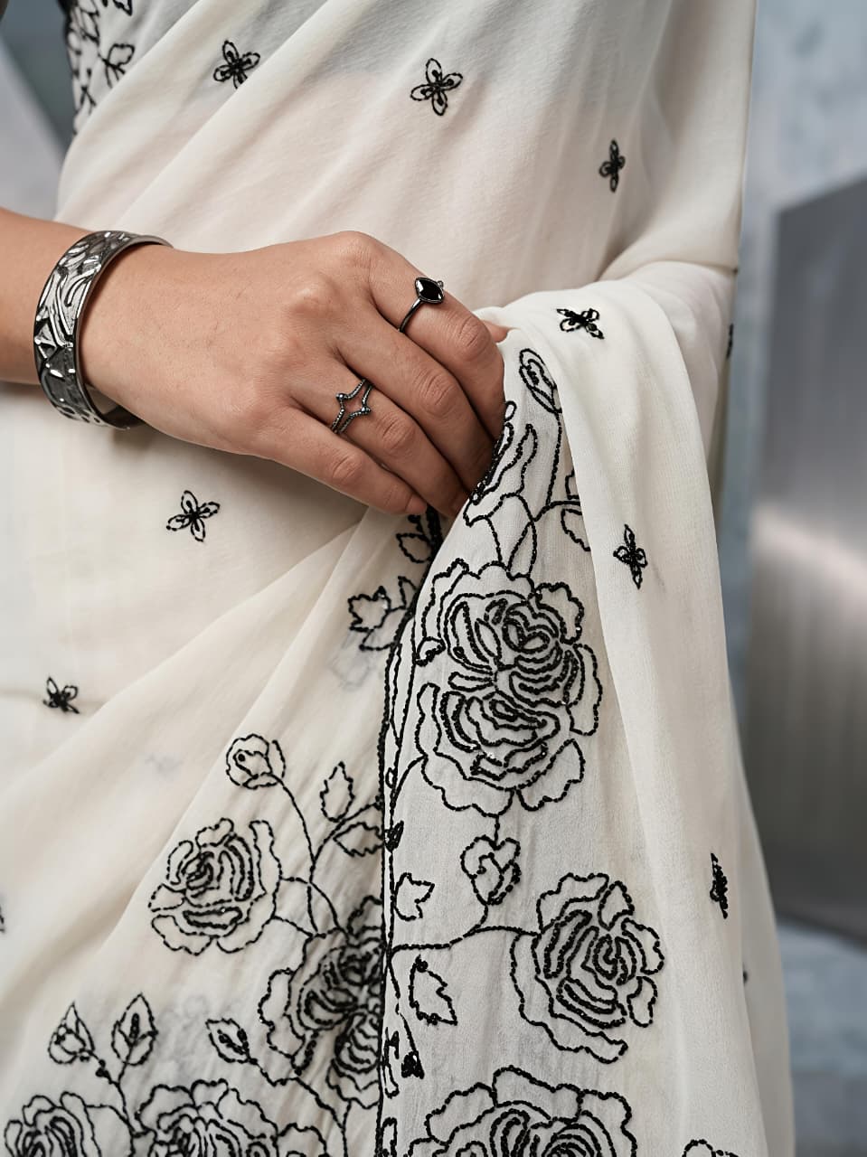 Premium Star Georgette Saree with Black Sequin & Thread Embroidery and Matching Blouse