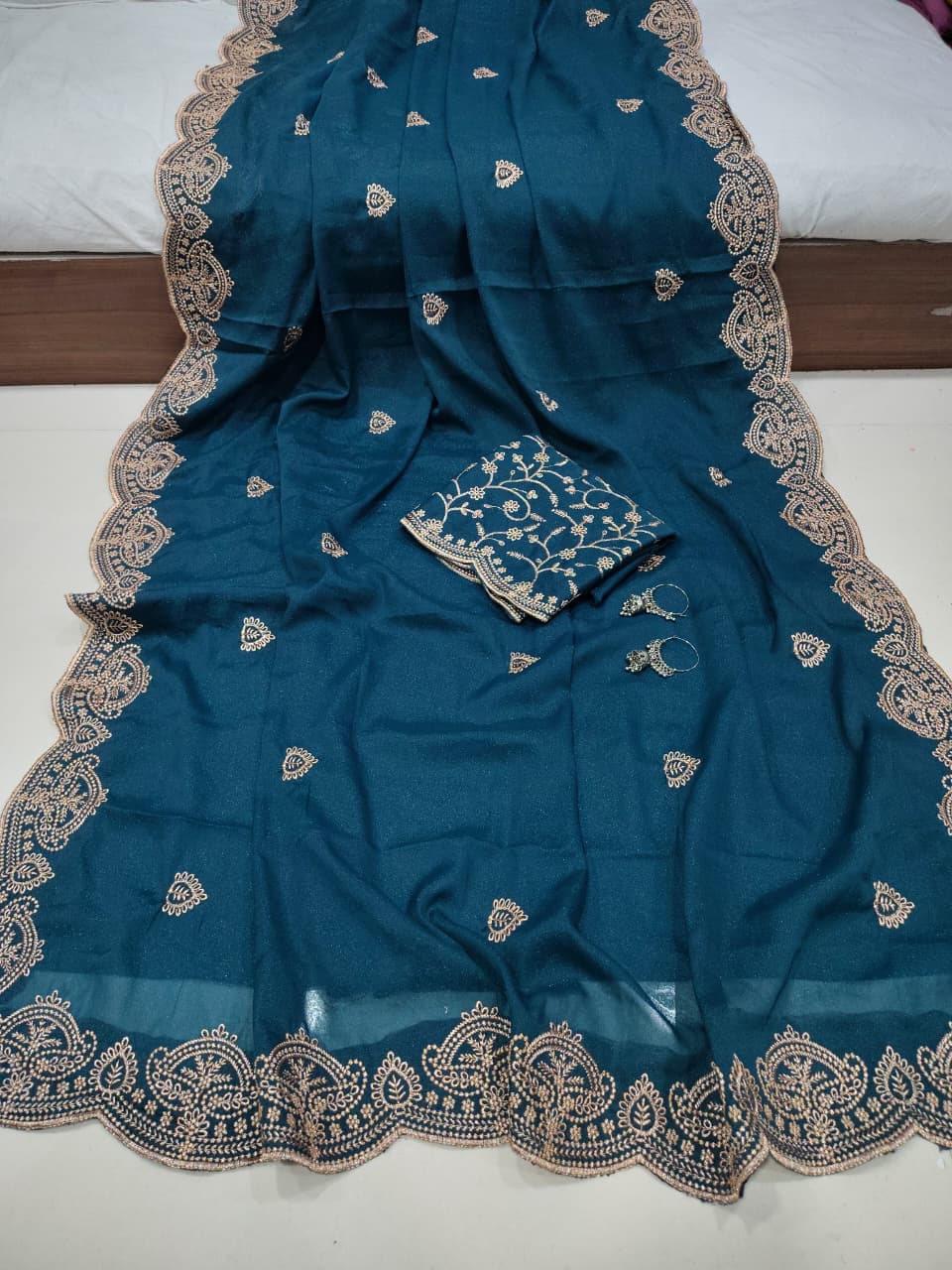 Royal Noor Embroidered Star Georgette Saree With Heavy Sequence Work & Designer Blouse