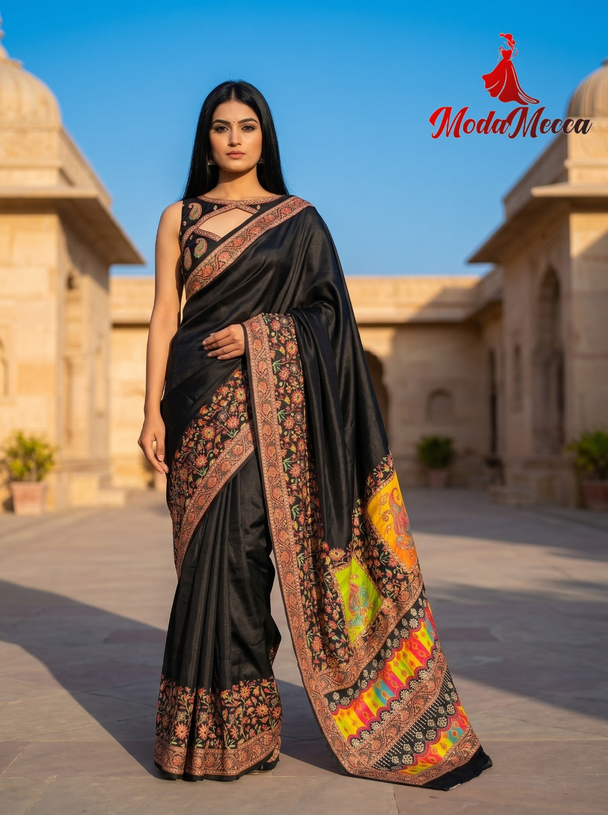 Women's Premium Black Designer Saree with Paisley Digital Print & Floral Border | Festive Party Wear Saree