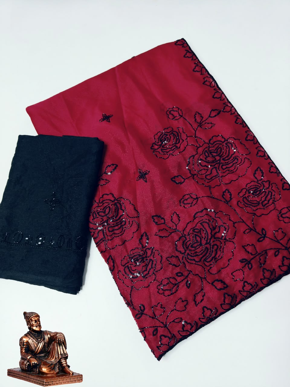 Premium Star Georgette Saree with Black Sequin & Thread Embroidery and Matching Blouse