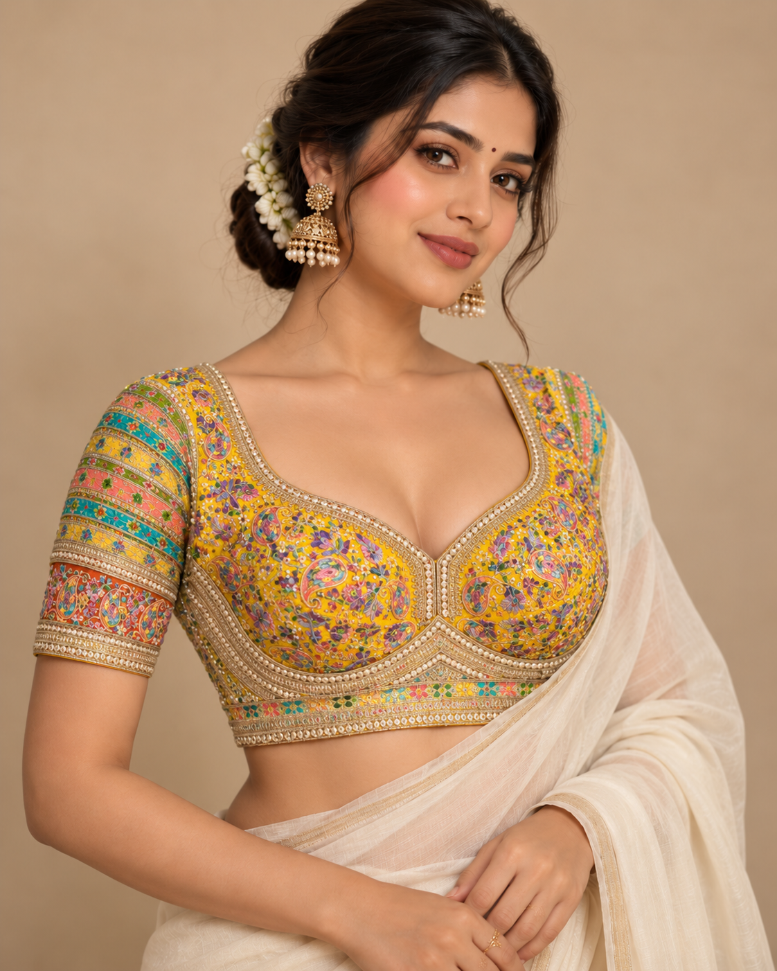 Premium Kashmiri-Inspired Antique Thread Work Blouse – Fox Georgette | Heavy Padded | 38–40