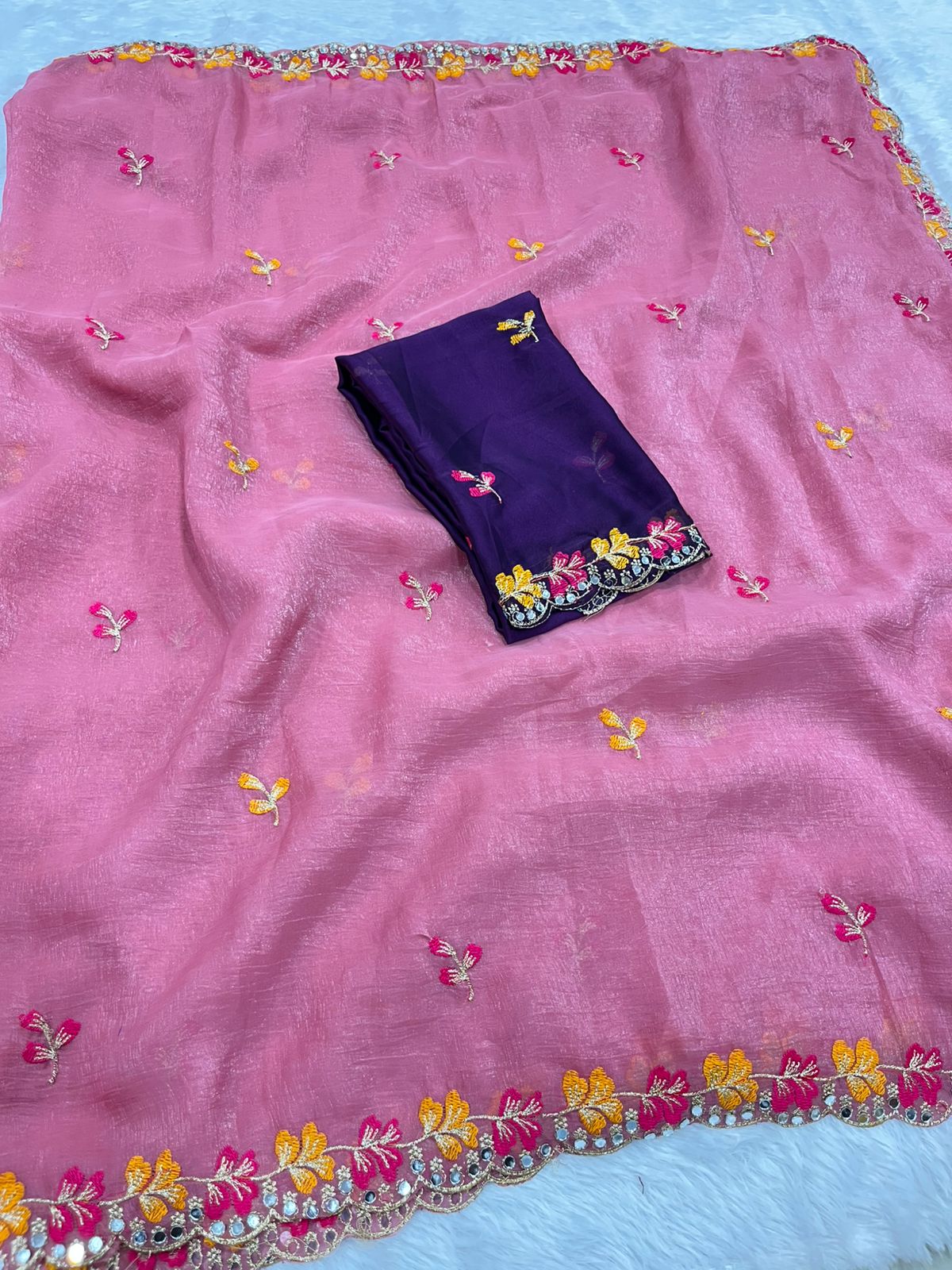 Premium Crunchy Chiffon Embroidered Mirror Work Party Wear Saree