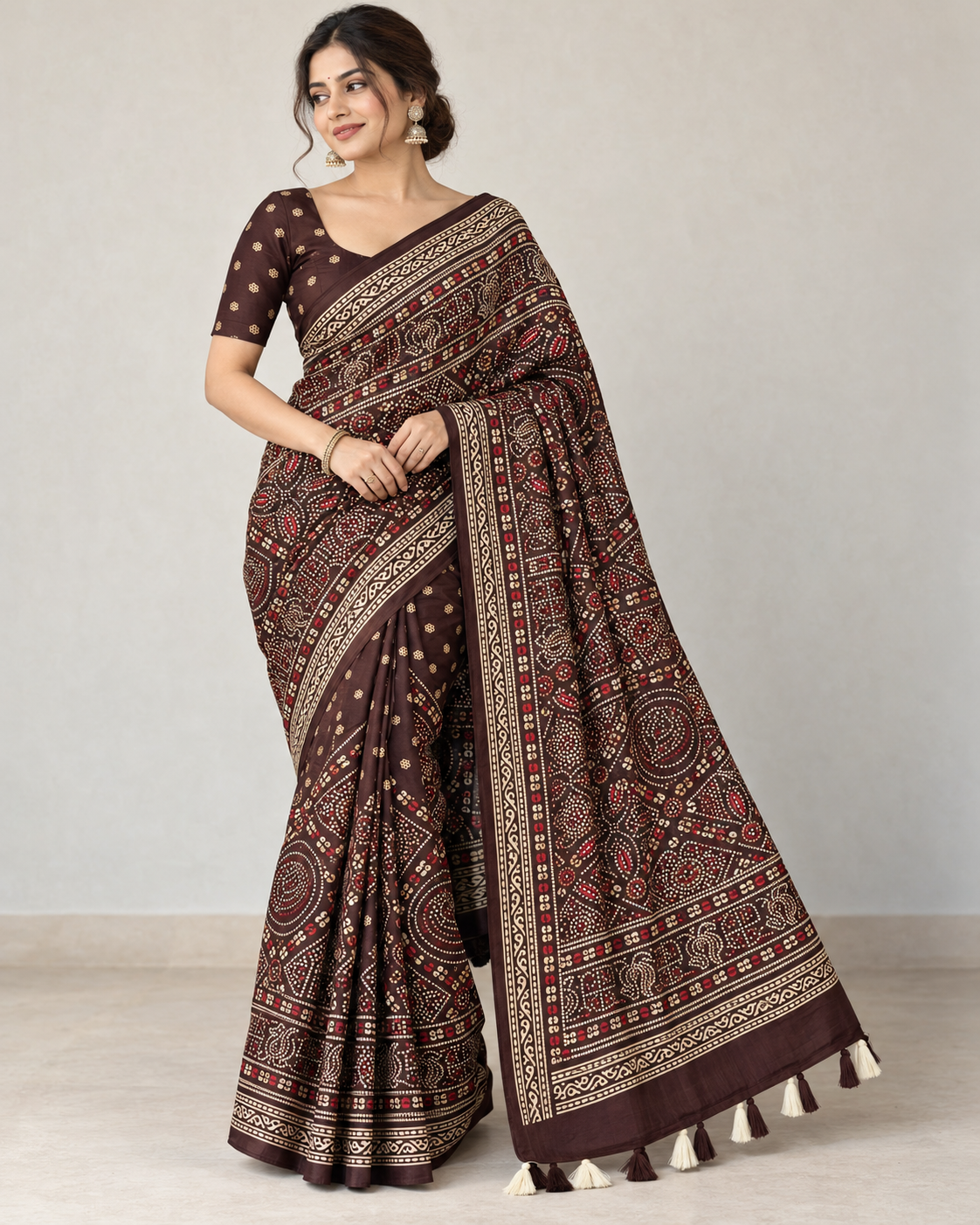 Premium Ajrakh Designer Crepe Silk Saree with Traditional Bandhani-Inspired Print & Tassel Border