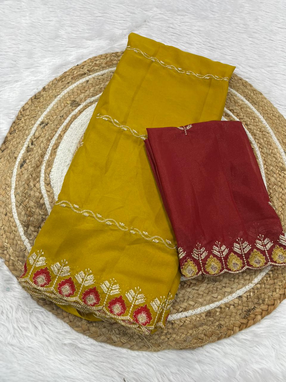 Jhanvi Collection – Premium Star Georgette Saree with Embroidered Border & Contrast Blouse