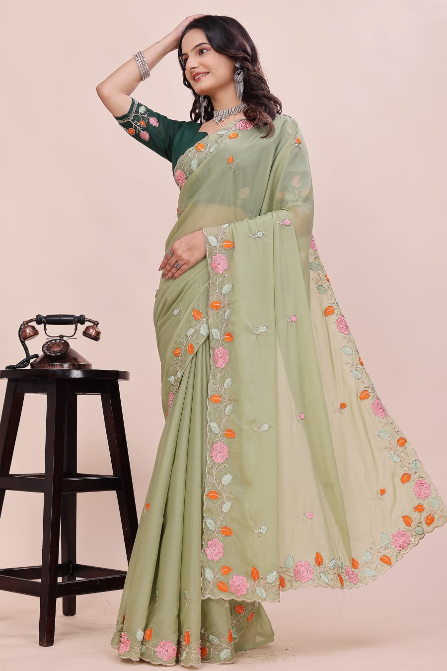Rose Petal Embroidered Star Georgette Saree with Beads Work Border