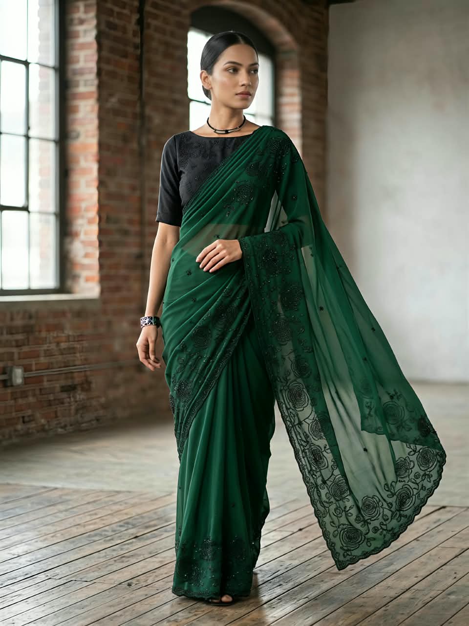 Premium Star Georgette Saree with Black Sequin & Thread Embroidery and Matching Blouse