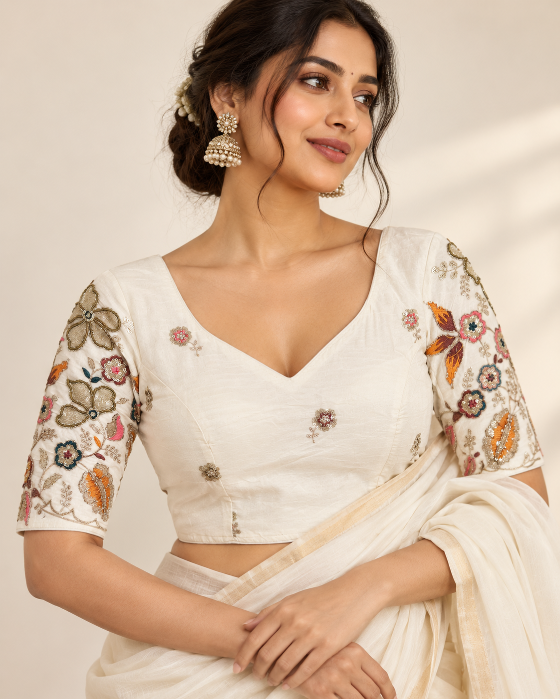 Pure Khadi Cotton Embroidered Partywear Blouse – Heavy Padded | Back Open | 38–42