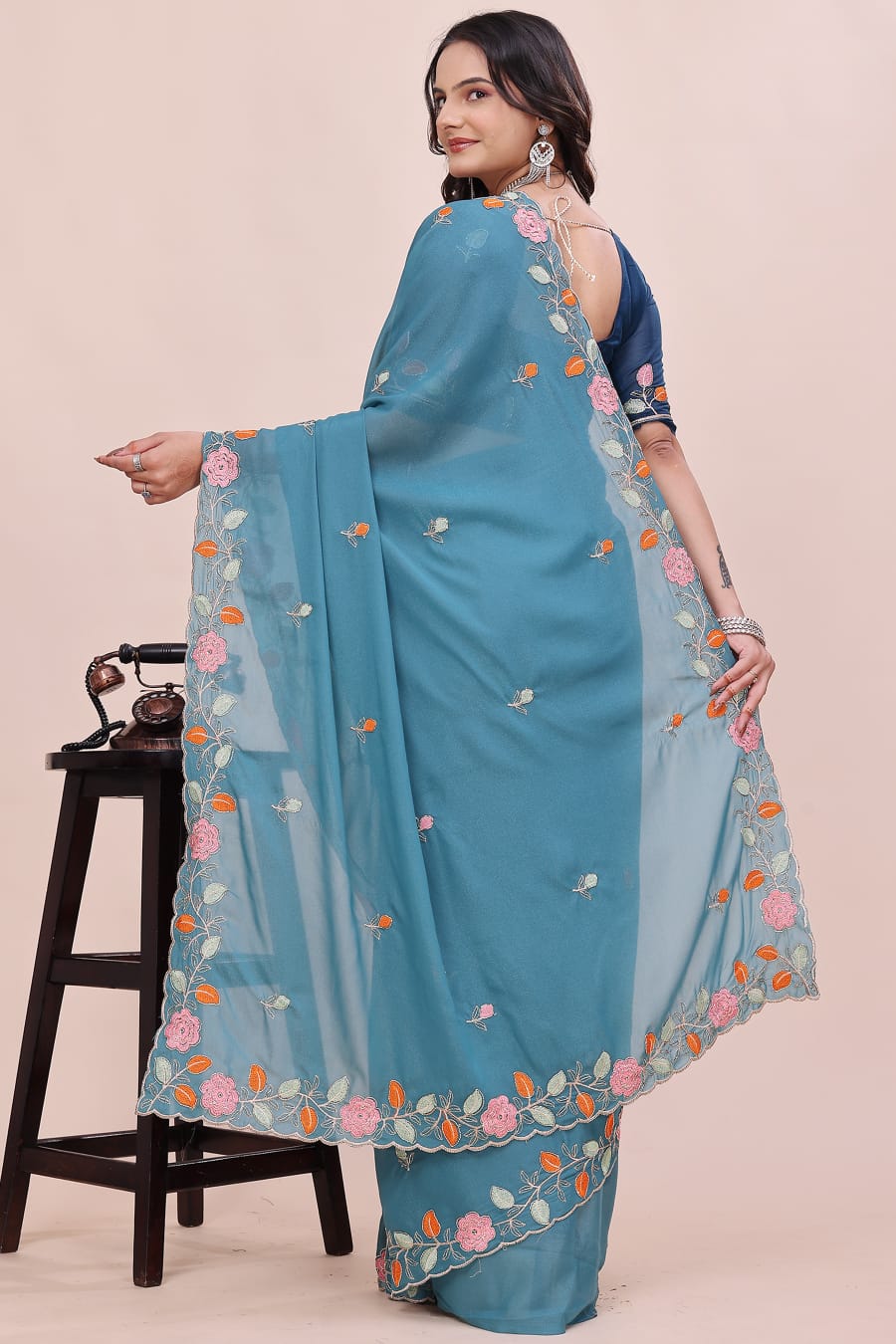 Rose Petal Embroidered Star Georgette Saree with Beads Work Border