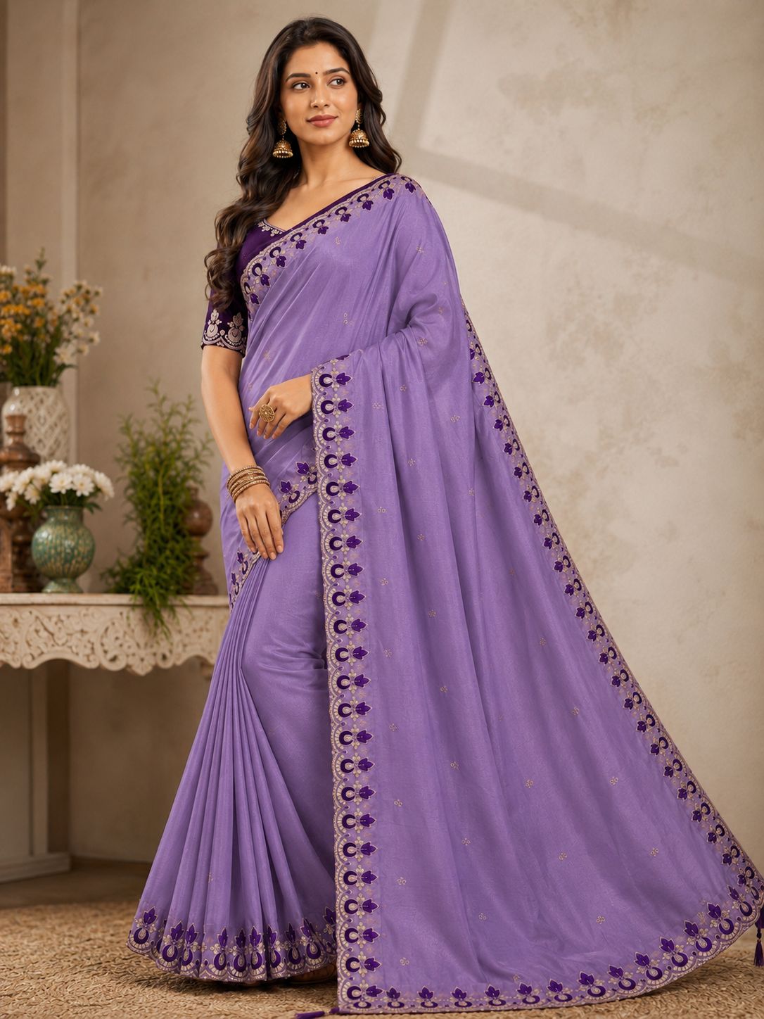 Kalash Premium Star Georgette Embroidered Saree with Designer Border & Running Blouse
