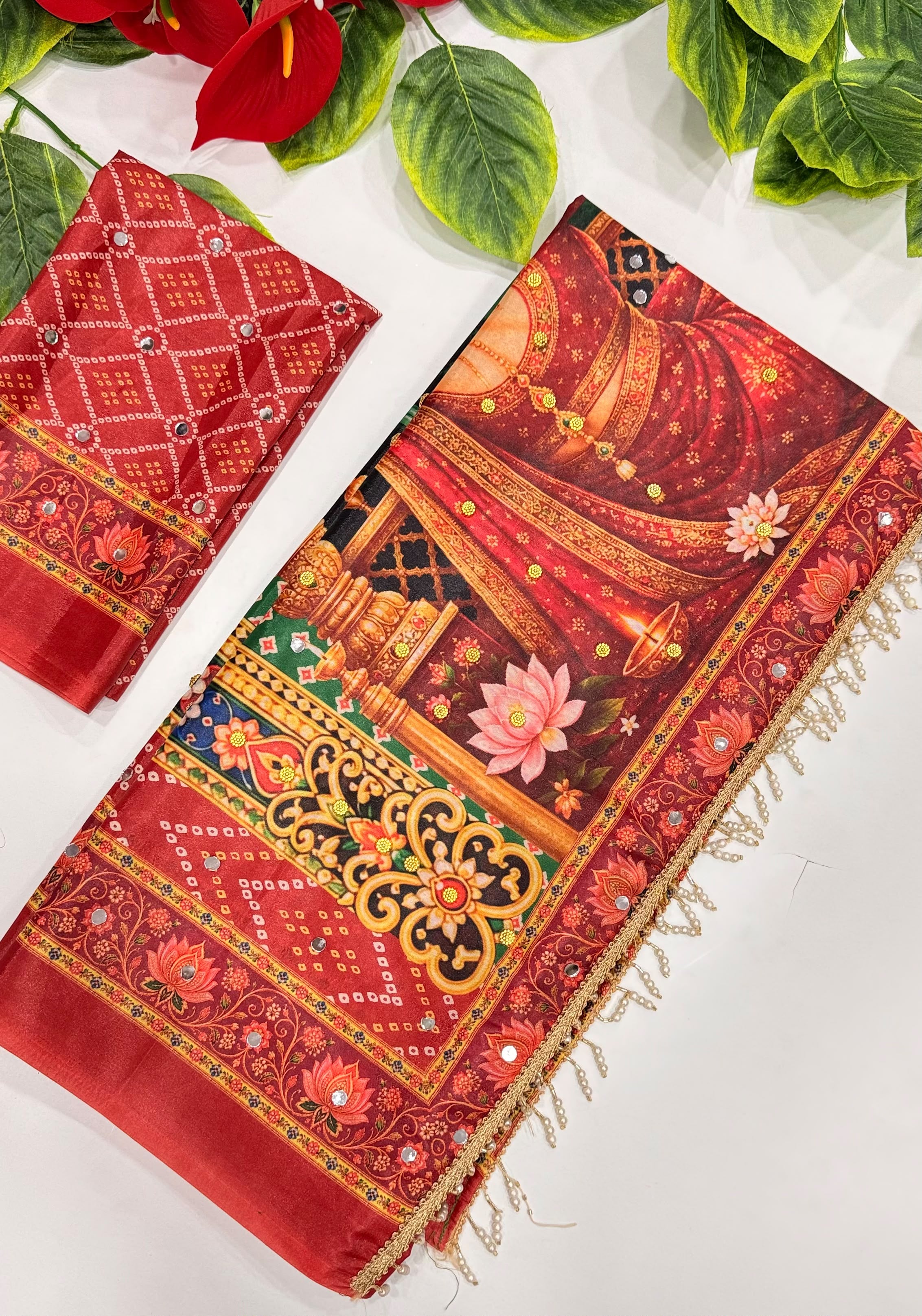 Karva Chauth Special Heavy Shimmer Silk Saree with 2,000 Mirror Work & Designer Pallu with Matching Blouse