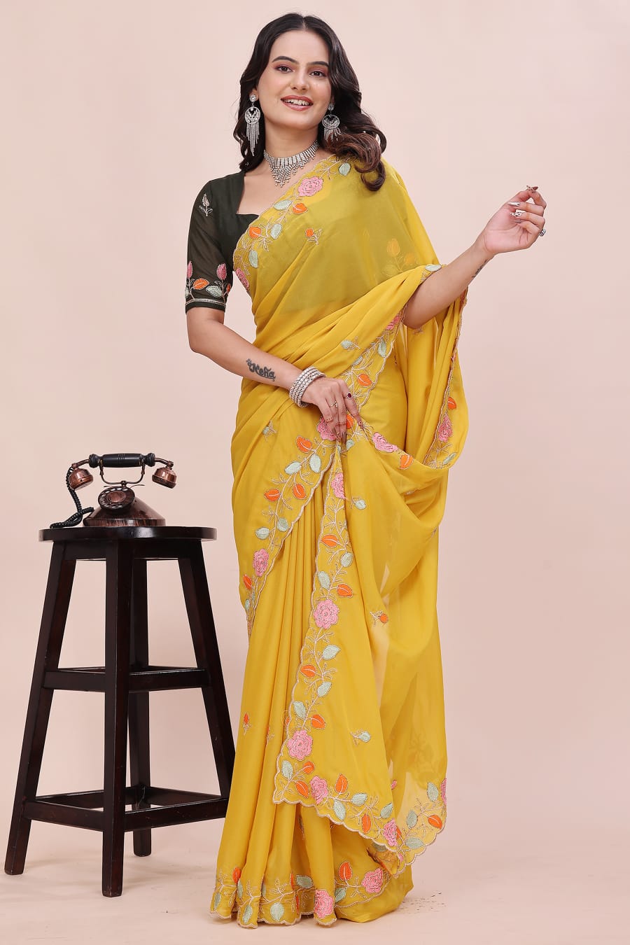 Rose Petal Embroidered Star Georgette Saree with Beads Work Border