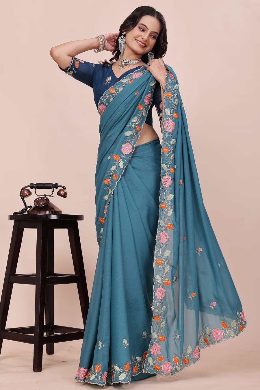 Rose Petal Embroidered Star Georgette Saree with Beads Work Border