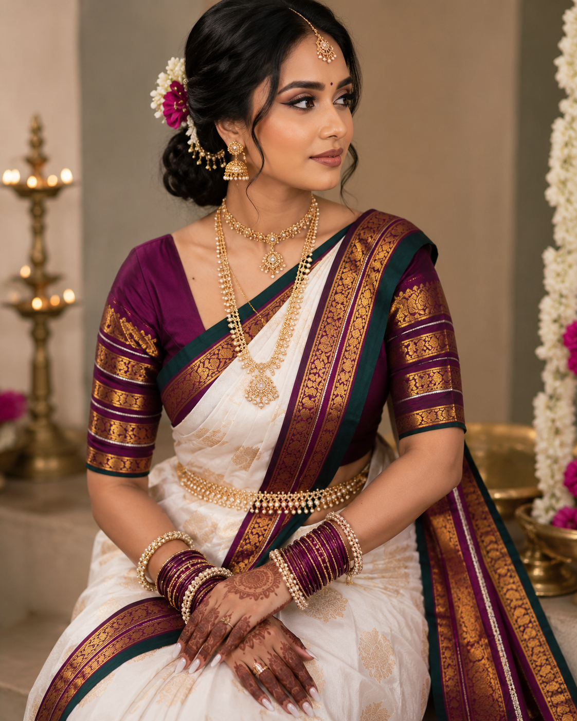 Women's White Soft Litchi Silk Saree with Rich Jacquard Woven Border & Contrast Purple Blouse