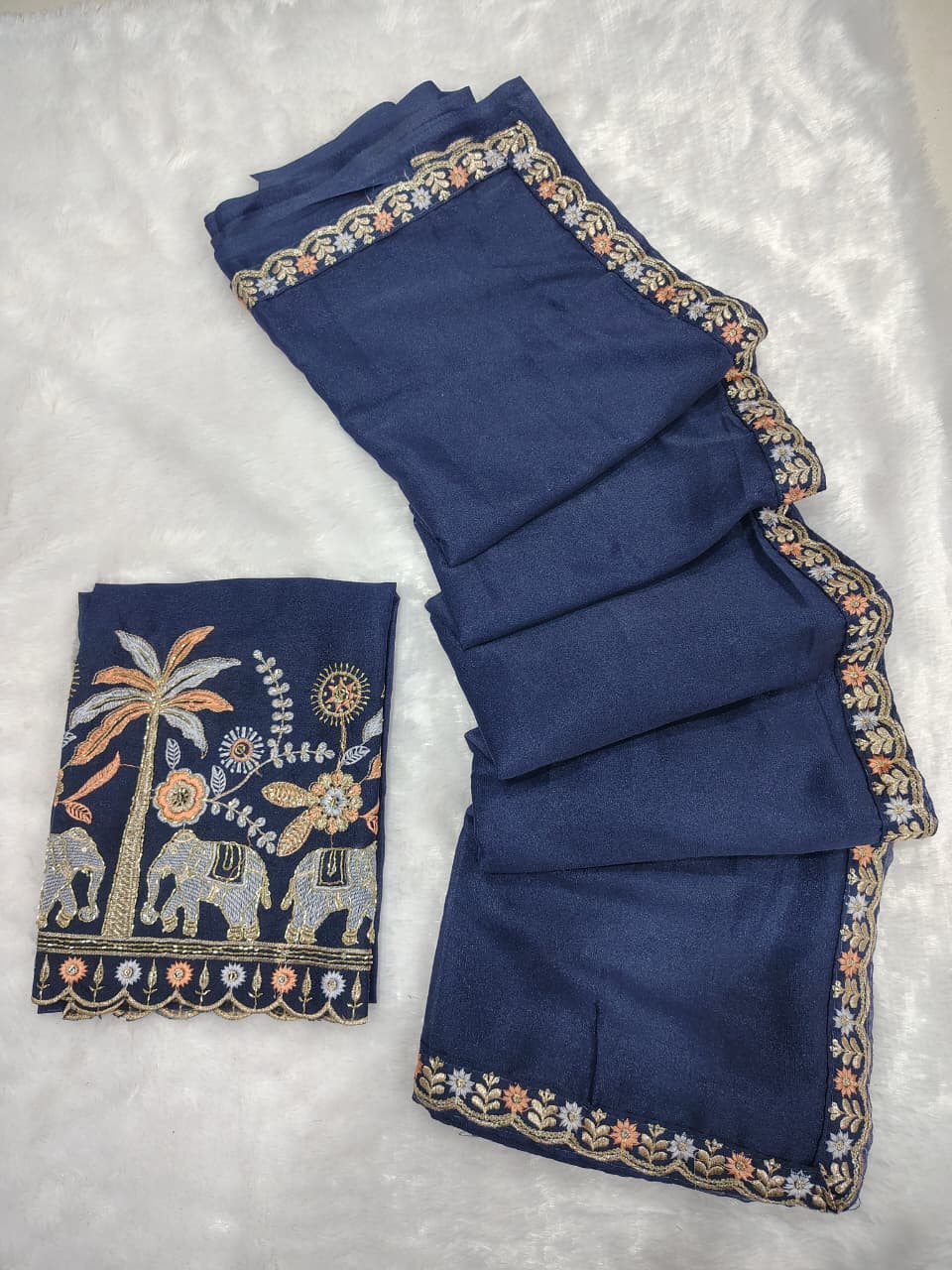Royal Elephant Art Embroidered Saree with Designer Blouse
