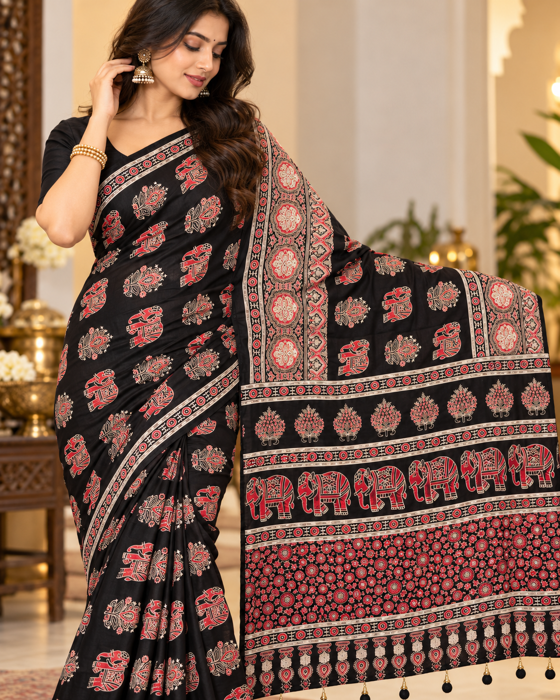 Premium Crepe Silk Designer Saree with Traditional Elephant & Floral Print