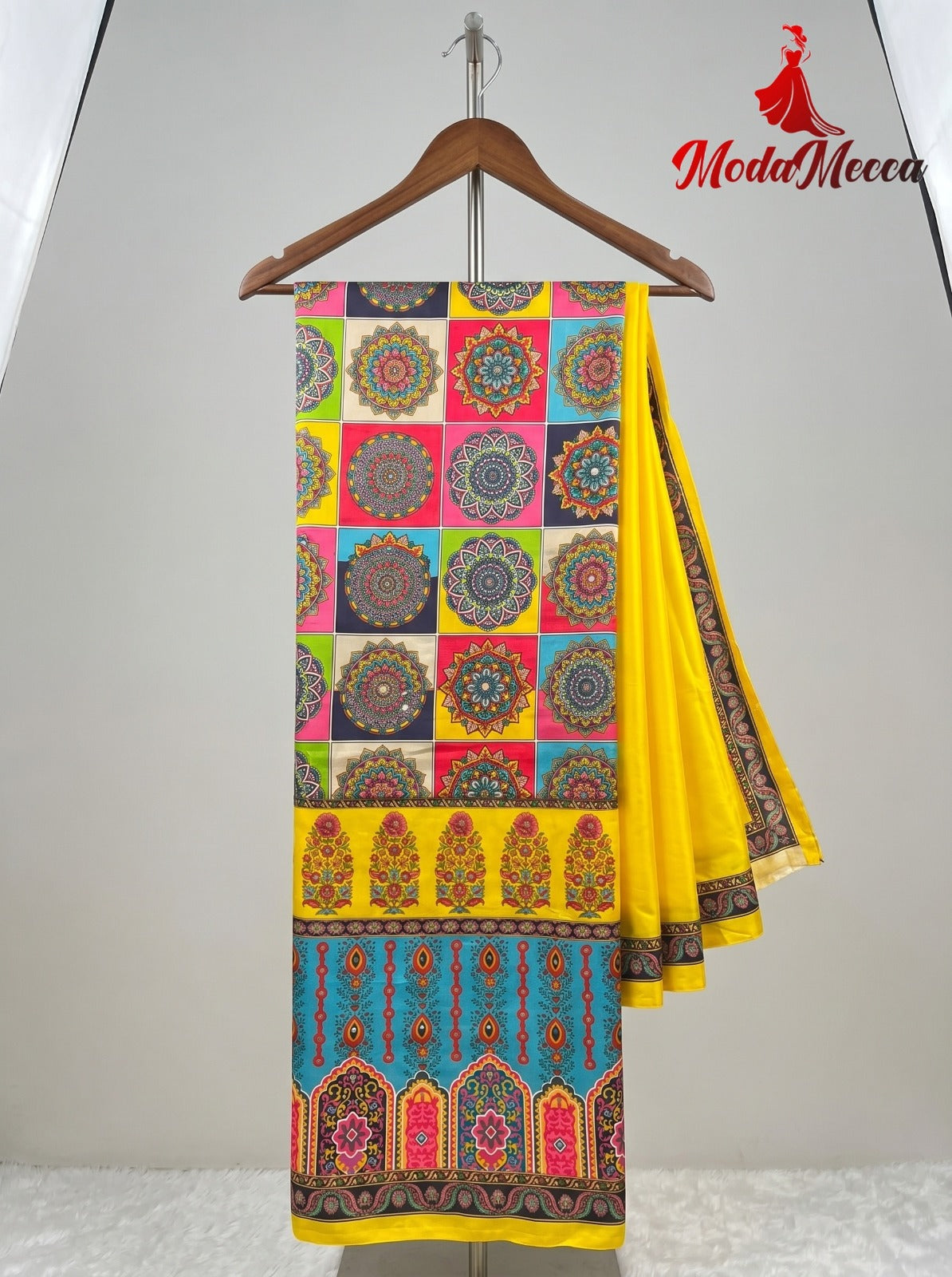 Women's Sunshine Yellow Designer Saree with Mandala Digital Print & Heritage Pallu | Premium Festive Wear Saree