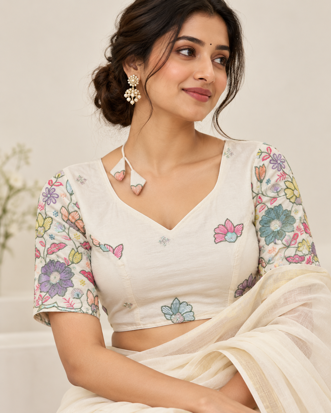 Pure Khadi Cotton Embroidered Partywear Blouse – Heavy Padded | Back Open | 38–42