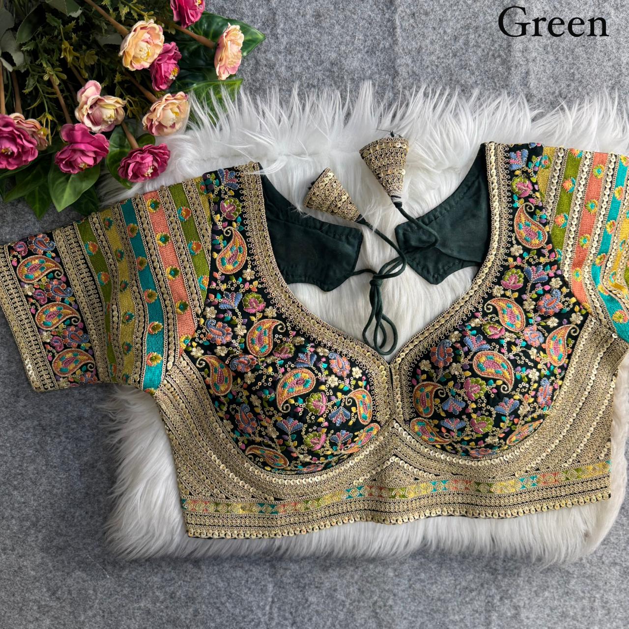 Premium Kashmiri-Inspired Antique Thread Work Blouse – Fox Georgette | Heavy Padded | 38–40