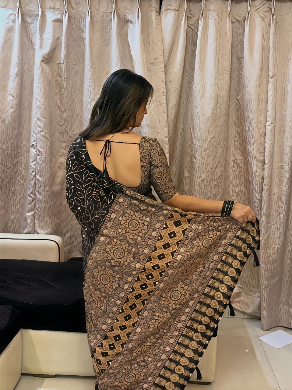 Aaina Vol 4 Satin Viscose Saree with Ethnic Ajrak Print & Mirror Work