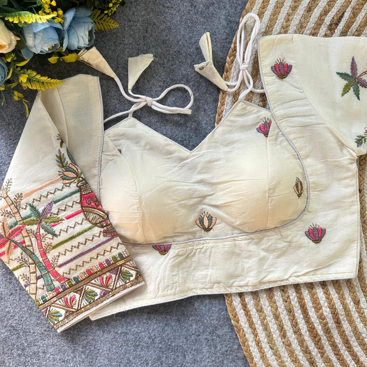 Pure Khadi Cotton Floral Embroidered Blouse – Heavy Padded | Front Open | 38–42