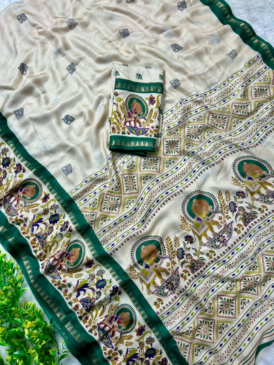 Premium Marsh Mellow Saree with Gajraj Print & Double Temple Pattu Border