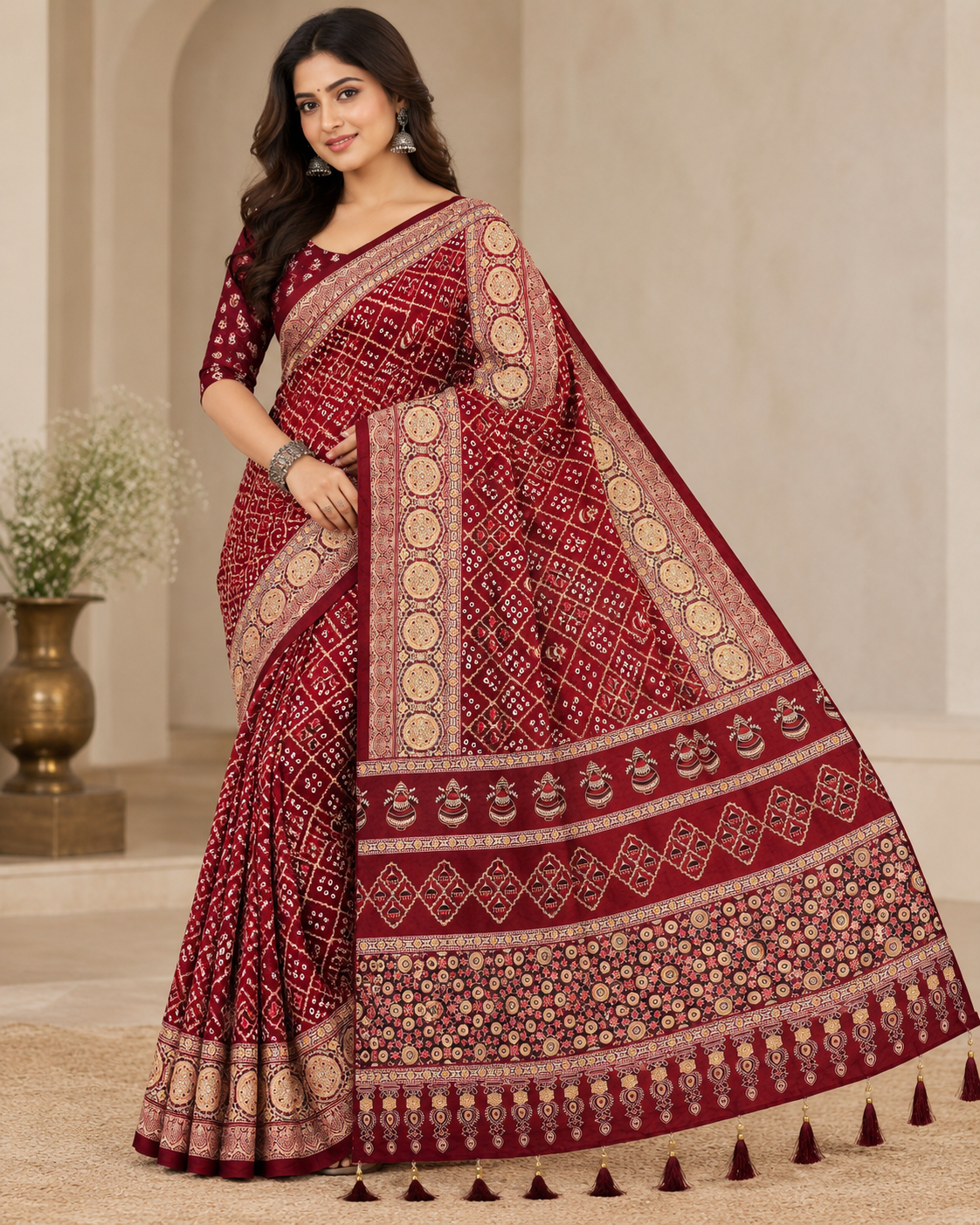 Premium Ajrakh Designer Crepe Silk Saree with Multi-Pattern Border & Tassel Work